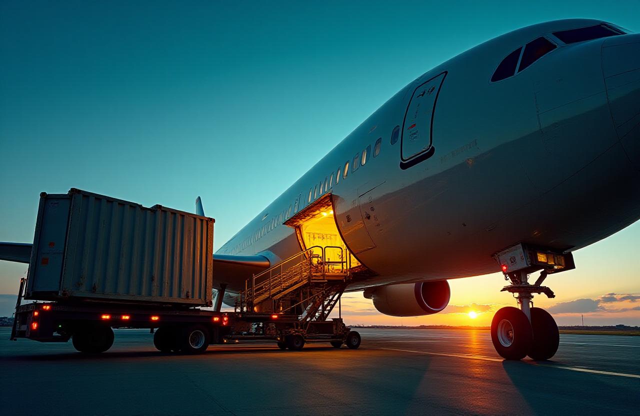 Global cargo jet unloading at dusk